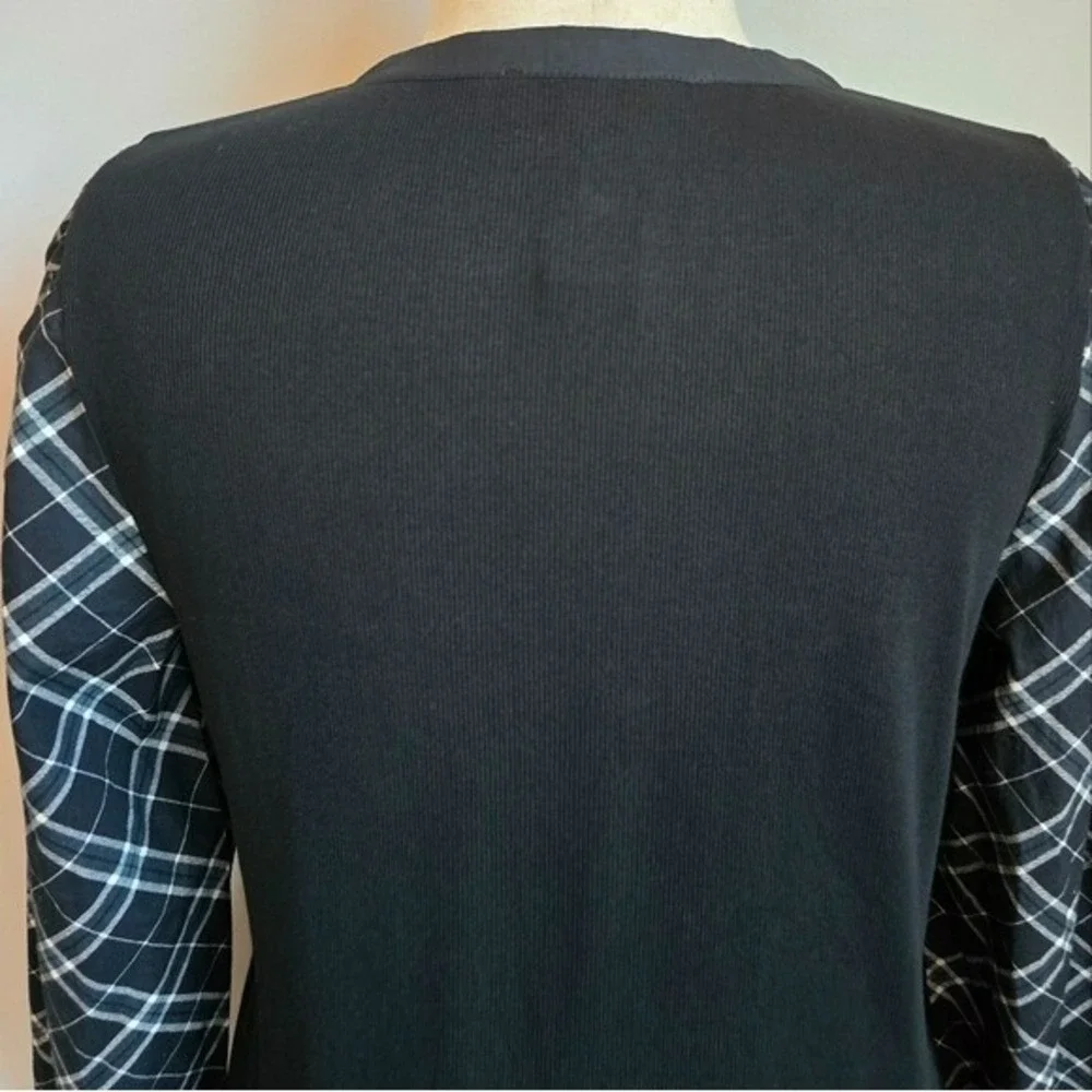 LOFT NEW Black Plaid Henley Mixed Media Blouson Shirt Top SZ Large Academia